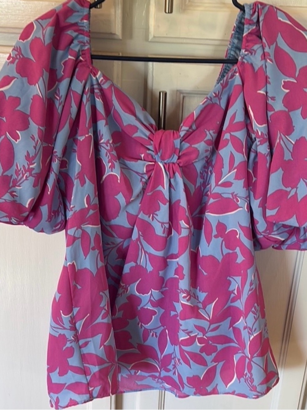 Umgee Pink and Light Blue Floral Puff-Sleeve Tie-Front Top